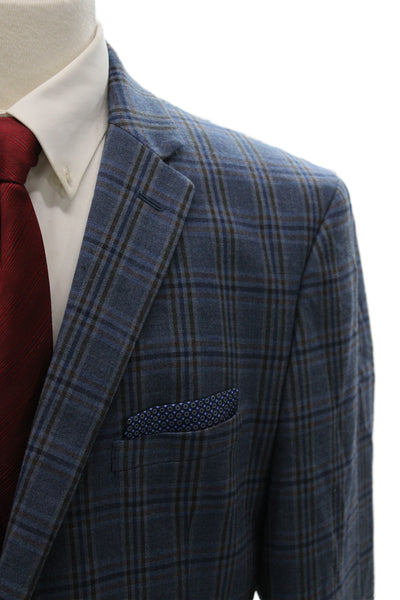 Penguin Mens Plaid Blue Button Blazer Wool Blend Long Sleeve Size 42