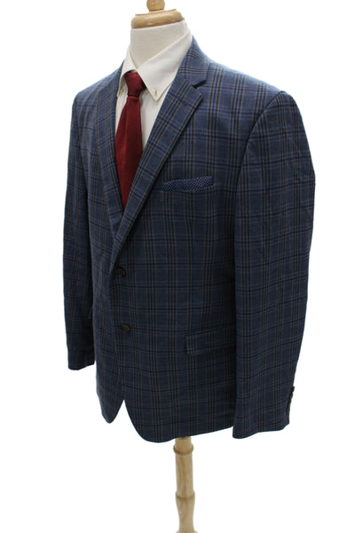 Penguin Mens Plaid Blue Button Blazer Wool Blend Long Sleeve Size 42