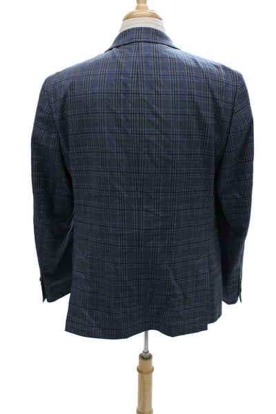 Penguin Mens Plaid Blue Button Blazer Wool Blend Long Sleeve Size 42