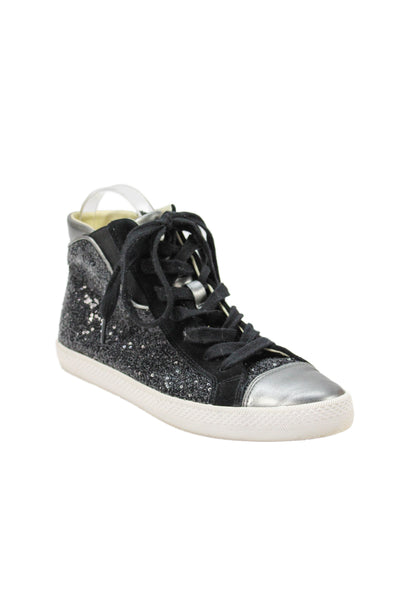 Geox Womens Side Zip Lace Up Cap Toe Sequin High Top Sneakers Black Size 9