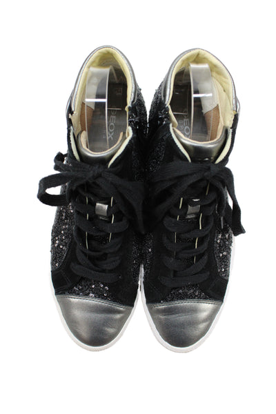 Geox Womens Side Zip Lace Up Cap Toe Sequin High Top Sneakers Black Size 9