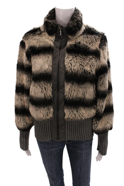 Rachel Zoe Women Bomber Jacket Beige Striped Zip Collared Long Sleeve Size M