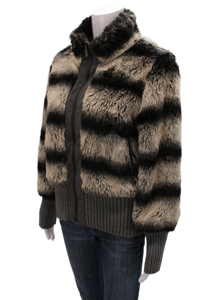 Rachel Zoe Women Bomber Jacket Beige Striped Zip Collared Long Sleeve Size M