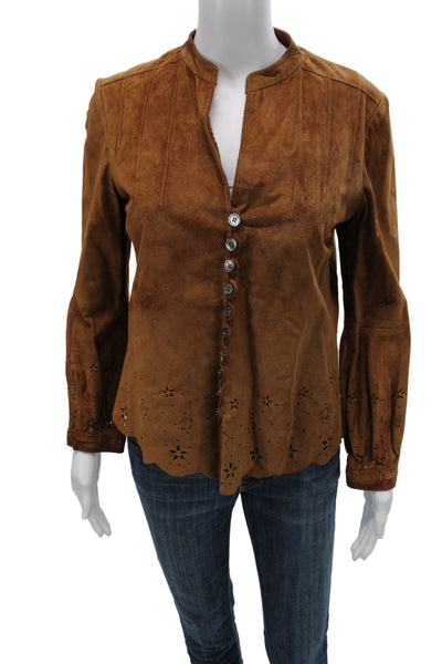 Marc Jacobs Women Brown Pig Suede Mock Neck Button Up Blouse Size M