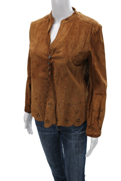 Marc Jacobs Women Brown Pig Suede Mock Neck Button Up Blouse Size M