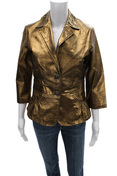 Wendy Hil Womens Brown Leather Blazer Collared 3/4 Sleeve Button Size 6