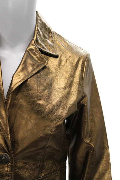 Wendy Hil Womens Brown Leather Blazer Collared 3/4 Sleeve Button Size 6