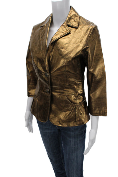 Wendy Hil Womens Brown Leather Blazer Collared 3/4 Sleeve Button Size 6