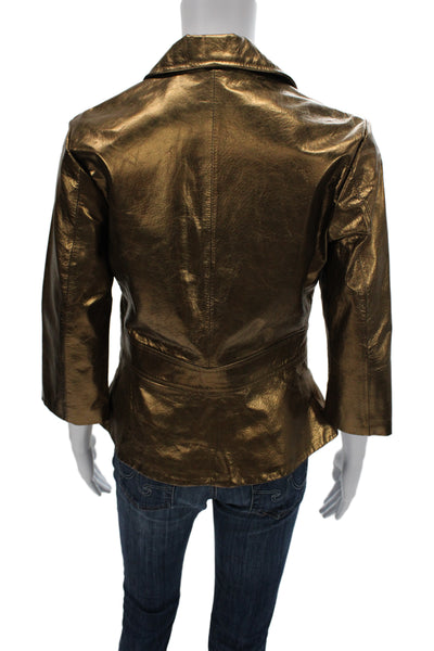 Wendy Hil Womens Brown Leather Blazer Collared 3/4 Sleeve Button Size 6