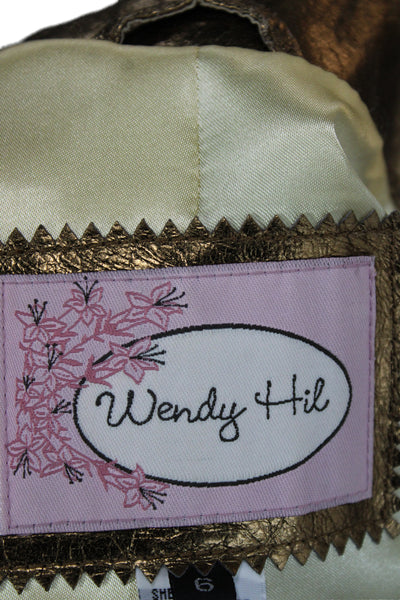 Wendy Hil Womens Brown Leather Blazer Collared 3/4 Sleeve Button Size 6