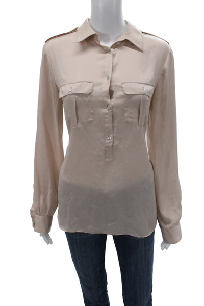 Zara Women Beige Collared Long Sleeve Button Up Blouse Army Size M