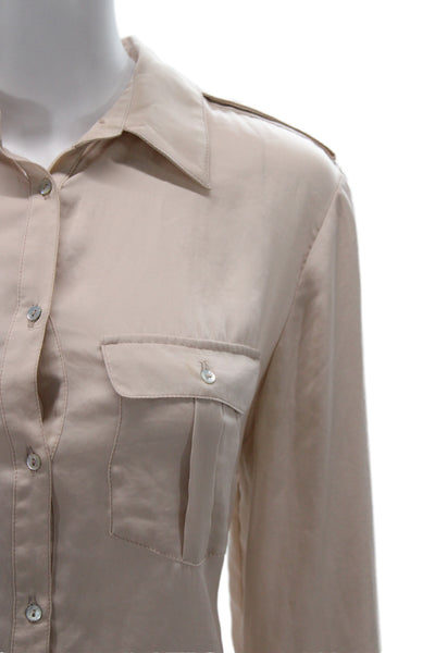 Zara Women Beige Collared Long Sleeve Button Up Blouse Army Size M