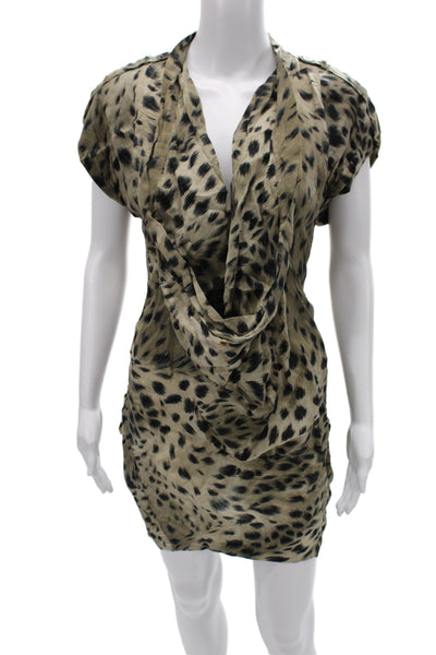 Reiss Women Beige Animal Print Mini Shift Dress Short Sleeve Cupro Size 6