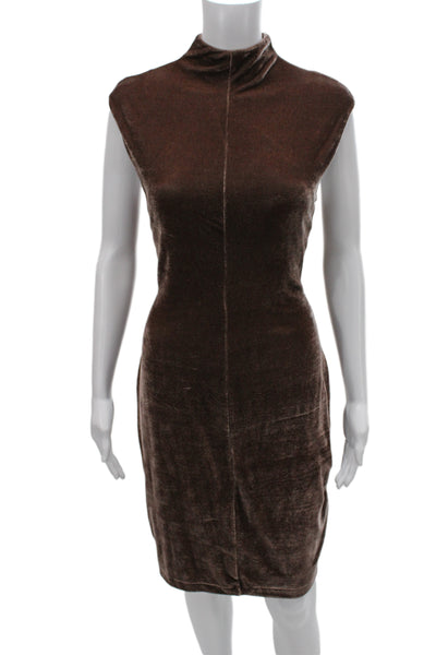 Reiss Womens Bodycon Sheath Dress Brown Mock Neck Button Sleeveless Size 8