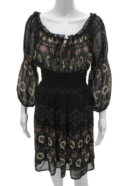 Zara Women Short Black Floral Bohemian Dress 3/4 Sleeve Size L