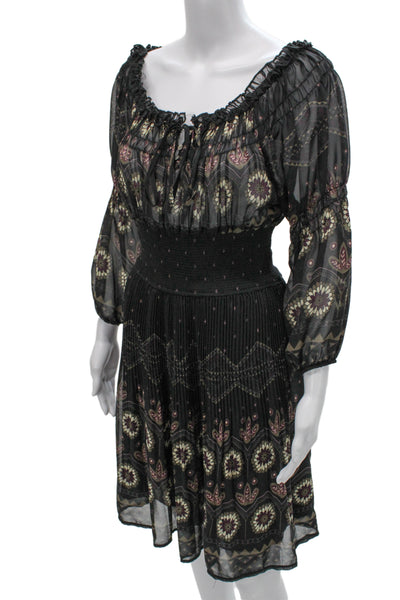 Zara Women Short Black Floral Bohemian Dress 3/4 Sleeve Size L