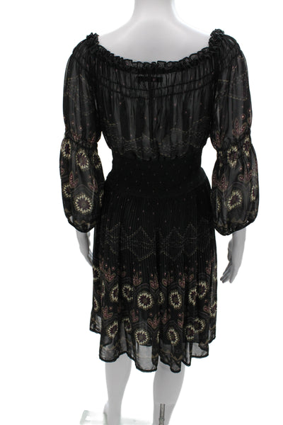 Zara Women Short Black Floral Bohemian Dress 3/4 Sleeve Size L