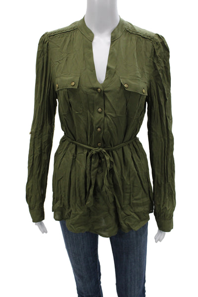 Odille Anthropologie Womens Tunic Army Green Rayon Button Long Sleeve Size 8