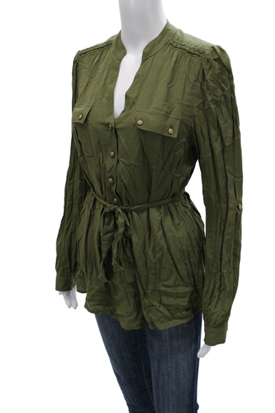 Odille Anthropologie Womens Tunic Army Green Rayon Button Long Sleeve Size 8