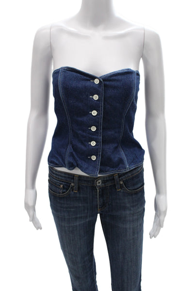 Guy Laroche Women Sleeveless Dark Blue Cotton 90s Button Up Top Solid Size 6