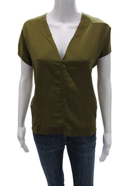 Zara Womens Army Green V-Neck Short Sleeve Blouse Polyester Size L
