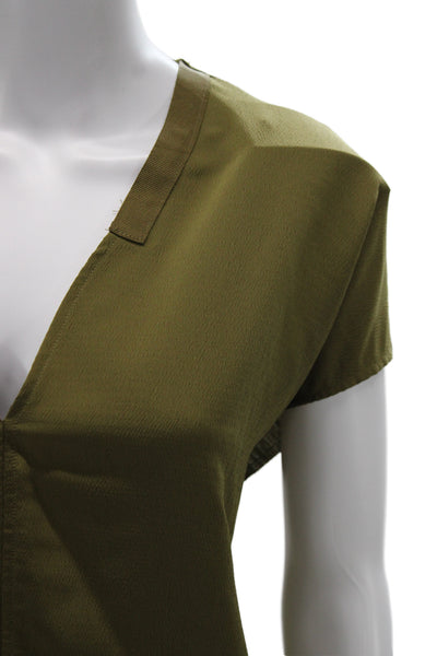Zara Womens Army Green V-Neck Short Sleeve Blouse Polyester Size L