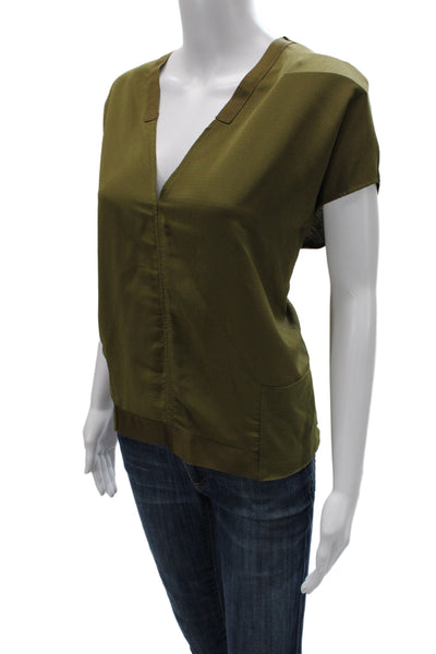 Zara Womens Army Green V-Neck Short Sleeve Blouse Polyester Size L