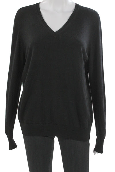 Uniqlo Women Pullover V-Neck 100% Wool Sweater Black Long Sleeve Size XL