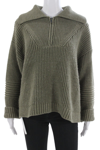MNG Unisex Green Striped Collared Pullover Sweater Zip Acrylic Wool Size L