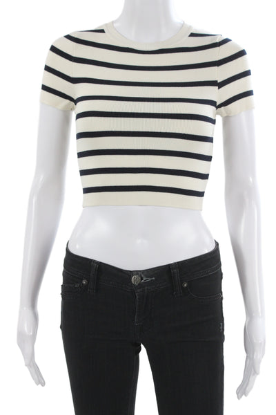 Zara Women Cropped Beige Striped Crewneck T-Shirt Short Sleeve Size S