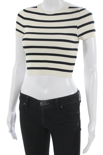 Zara Women Cropped Beige Striped Crewneck T-Shirt Short Sleeve Size S