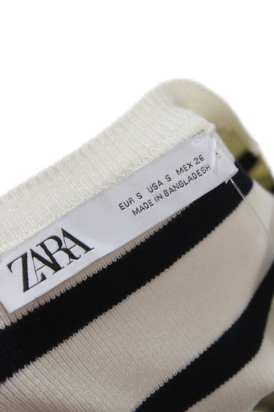 Zara Women Cropped Beige Striped Crewneck T-Shirt Short Sleeve Size S