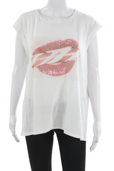Pam & Gela Women Basic White Graphic Crew Neck Short Sleeve T-Shirt Size L