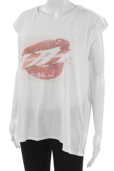 Pam & Gela Women Basic White Graphic Crew Neck Short Sleeve T-Shirt Size L