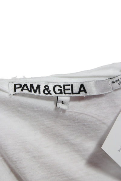 Pam & Gela Women Basic White Graphic Crew Neck Short Sleeve T-Shirt Size L