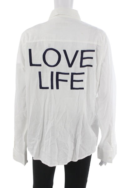 Sojara Women Button-Up White Cotton Collared Long Sleeve Graphic Print Size M