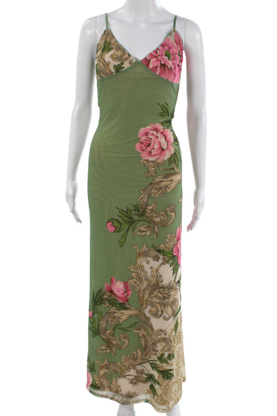 Tiger Mist Women Maxi Slip Dress Green Floral V-Neck Sleeveless Size S