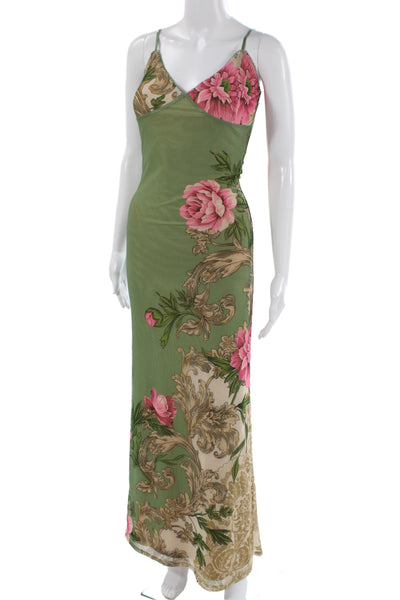 Tiger Mist Women Maxi Slip Dress Green Floral V-Neck Sleeveless Size S