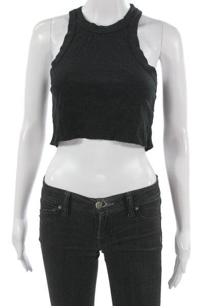 WSLY Womens Cropped Tank Black Tencel Crewneck Size M