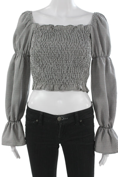 More To Come Womens Cropped Black Check Square Neck Long Sleeve Blouse Size S