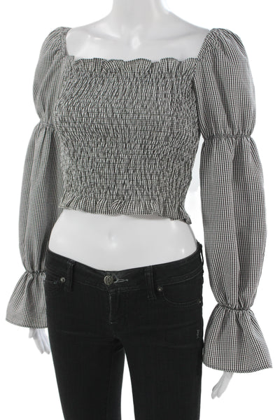 More To Come Womens Cropped Black Check Square Neck Long Sleeve Blouse Size S