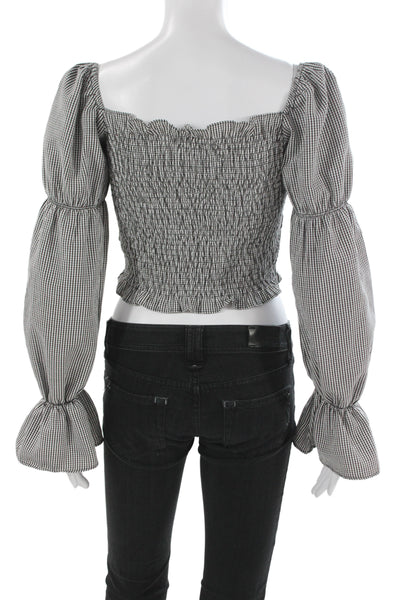 More To Come Womens Cropped Black Check Square Neck Long Sleeve Blouse Size S