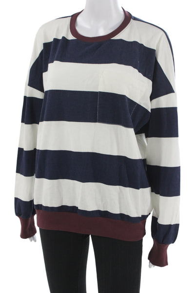 Stateside Unisex Pullover Sweatshirt Dark Blue Striped Crew Neck Cotton Size XS