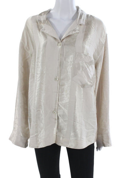 Intimately Free People Women Collared Striped Boho Button-Up Blouse Beige Size M