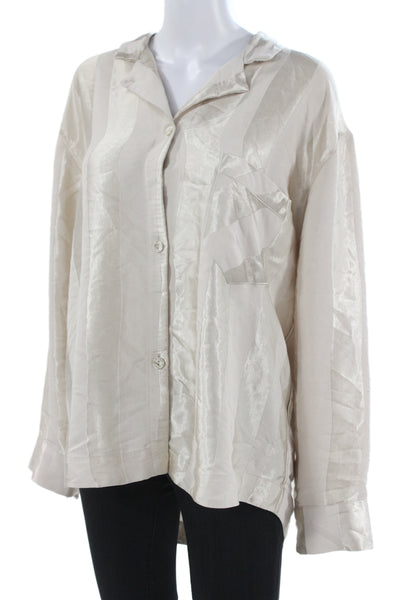Intimately Free People Women Collared Striped Boho Button-Up Blouse Beige Size M