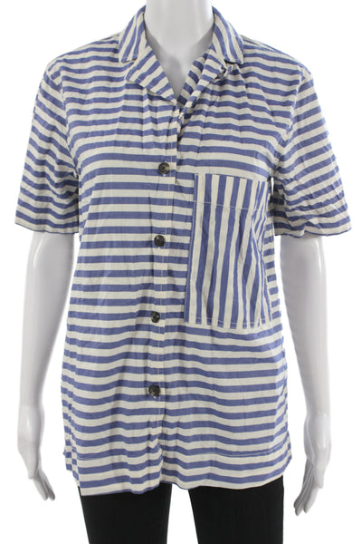 Everlane Unisex Striped Blue Collared Button-Up Cotton Short Sleeve Size XS