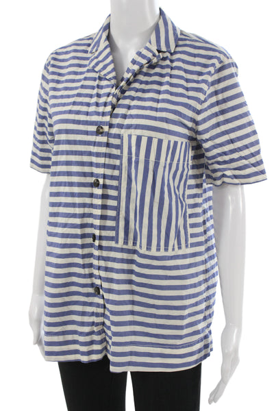 Everlane Unisex Striped Blue Collared Button-Up Cotton Short Sleeve Size XS
