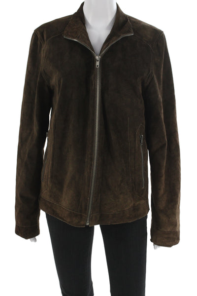 Barneys New York Mens Genuine Leather Collared Zip Jacket Brown Size S