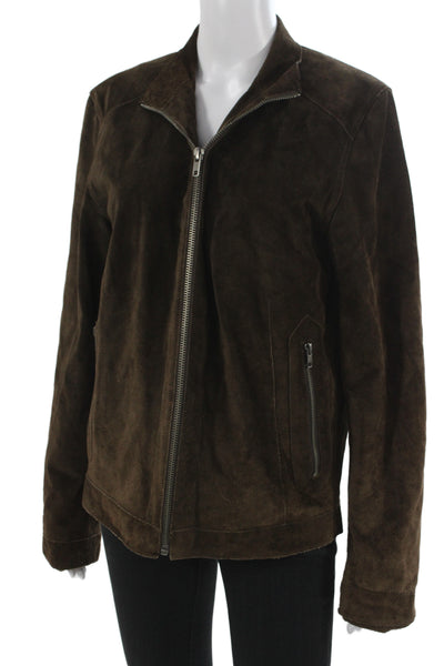 Barneys New York Mens Genuine Leather Collared Zip Jacket Brown Size S