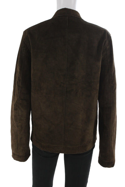 Barneys New York Mens Genuine Leather Collared Zip Jacket Brown Size S